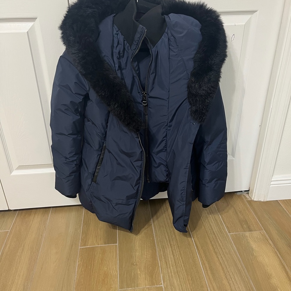 Mackage Blue Jacket with Black Fur & Leather Trim Accents